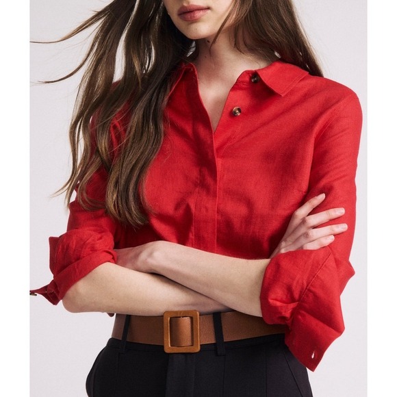 Universal Standard Tops - Universal Standard Elbe Stretch Linen Blend Shirt Red No Gap Button Down Bold